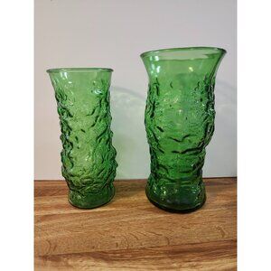 Pair Depression Glass Milano Green Crinkle EO Vintage Brody Vases (2)
